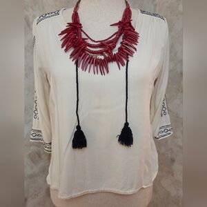 Zara Basic Boho Embroidered Tassel Blouse Ivory Black Peasant Top Size M